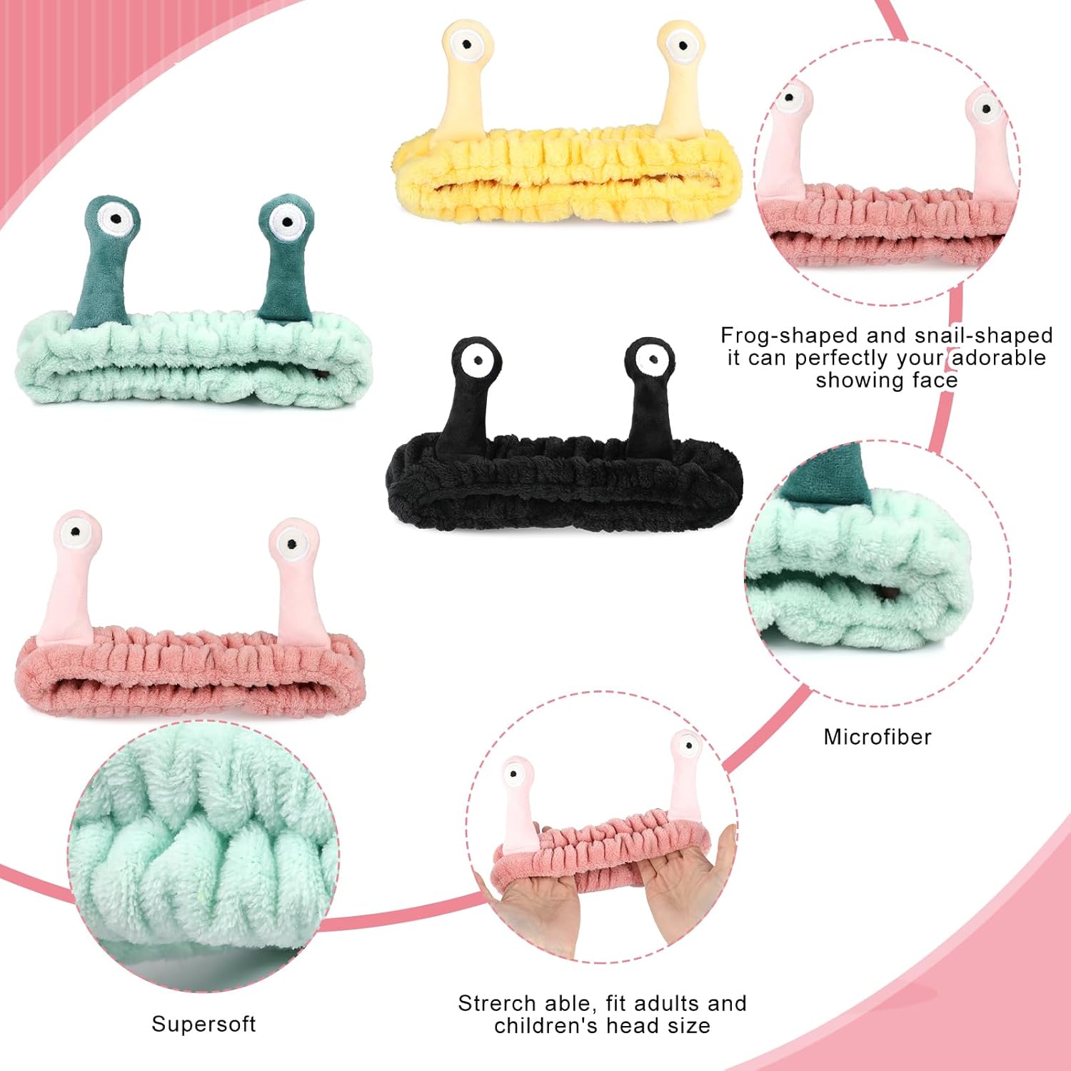 4Pcs Face Wash Headband, Facial Makeup Head Wraps Cartoon Elastic Head Band Cute Snail Shower Headband for Beauty Skincare Sports - Image 3