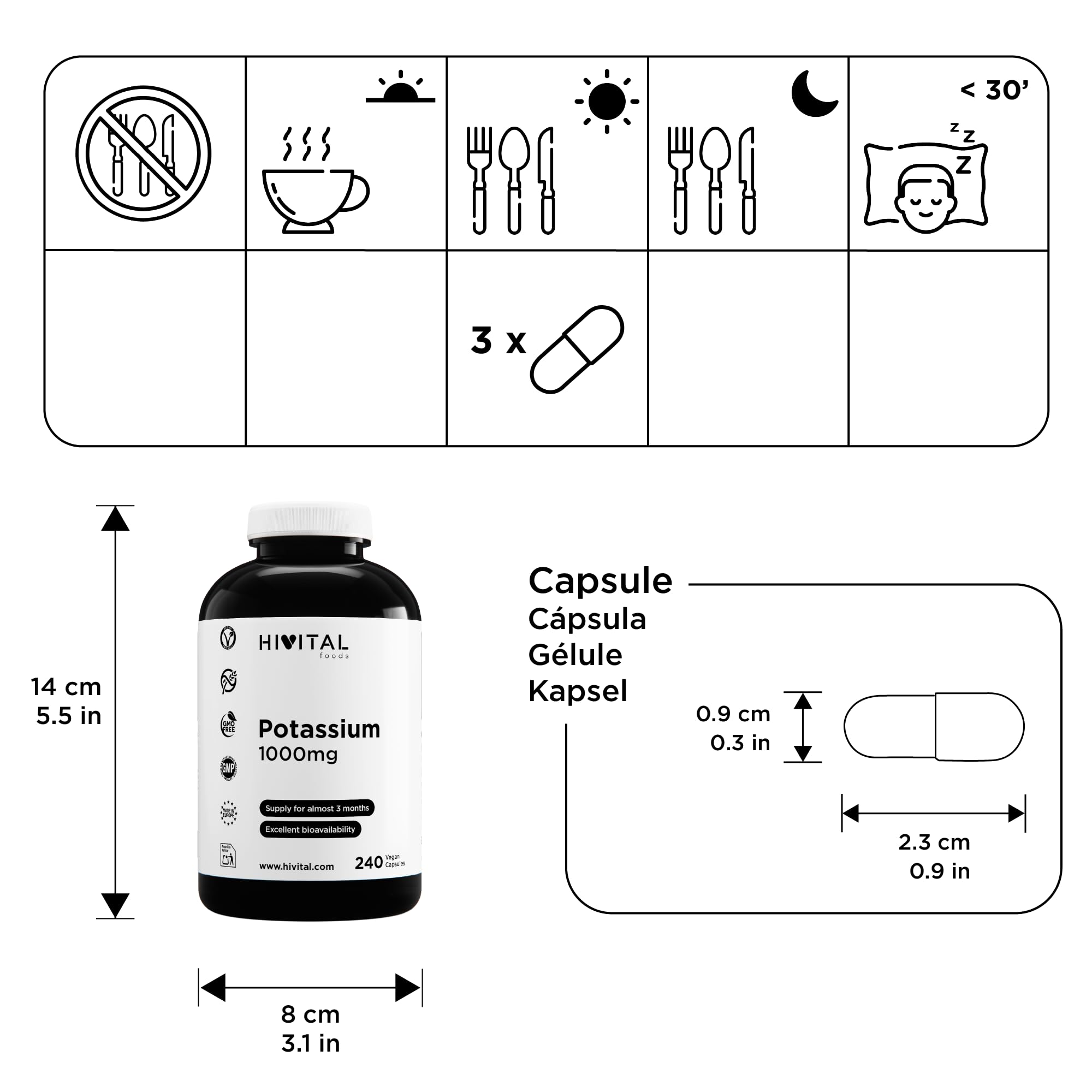 Potassio puro 1000 mg da sale organica Citrato di Potassio. 240 capsule vegane per oltre 2 mesi di trattamento. Minerale essenziale per l'organismo. Prodotto in Europa da HIVITAL