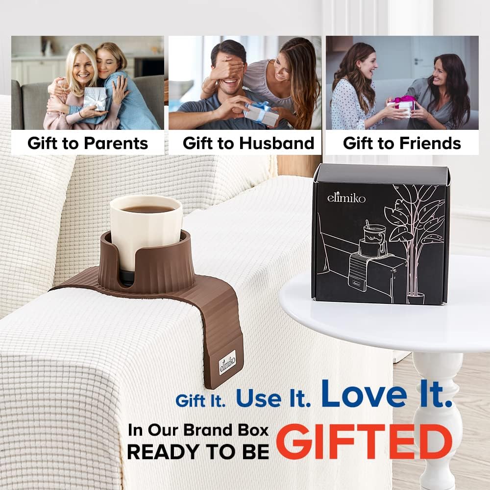 Elimiko Silicone Couch Cup Holder Tray and Couch Cup Holder, Anti-Spill & Anti-slip, for Oversized Mugs, Gifts for Mom, Dad, Husband, Grandma, Grandpa (Mocha Brown)