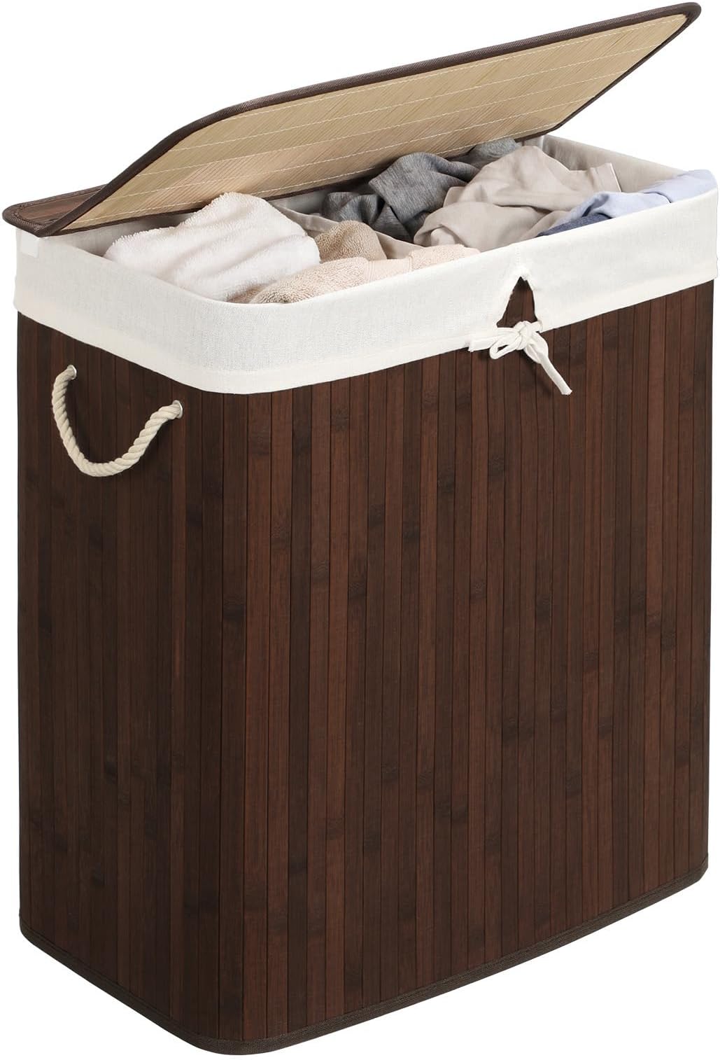 SONGMICS - Laundry Basket with Lid - Bamboo Laundry Basket with 2 Sorting Compartments, Removable Bag, Cotton Handles - Volume 100L, for Laundry Room, Bedroom - Brown - LCB72Z
