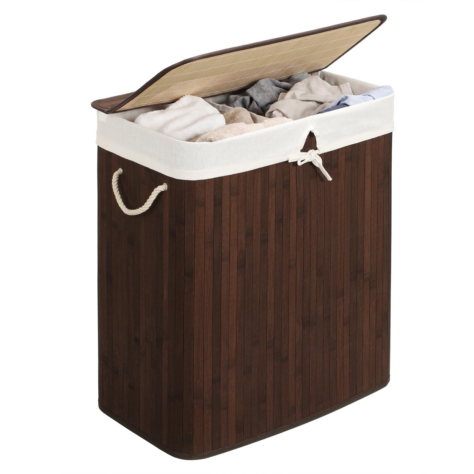 SONGMICS - Laundry Basket with Lid - Bamboo Laundry Basket with 2 Sorting Compartments, Removable Bag, Cotton Handles - Volume 100L, for Laundry Room, Bedroom - Brown - LCB72Z