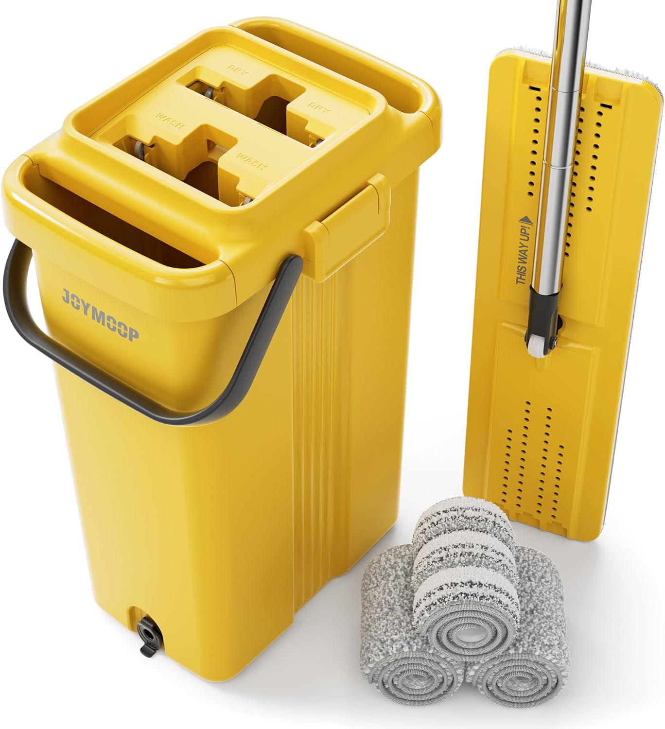 JOYMOOP Industrial Mop and Bucket Set, 17.7-inch Dust Mops for Floor Cleaning, Flat Mop Bucket with Wringer, Include 3 Reusable Microfiber Mop Pads - Yellow