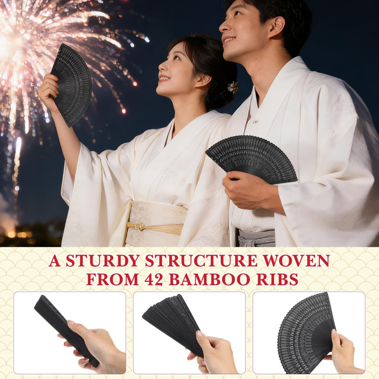 SEWACC Silk Folding Fan Hand Held Wood Hand Fan Chinese Japanese Vintage with Tassels for Women Ladies Home Decoration Black
