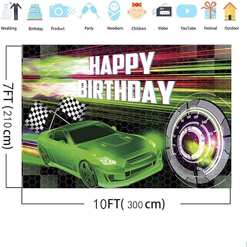 Vista 11 de MEHOFOND Telón de fondo de feliz cumpleaños de carreras de autos de 7 x 5 pies, fondo dorado de fiesta de coche de carreras para niños, decoración
