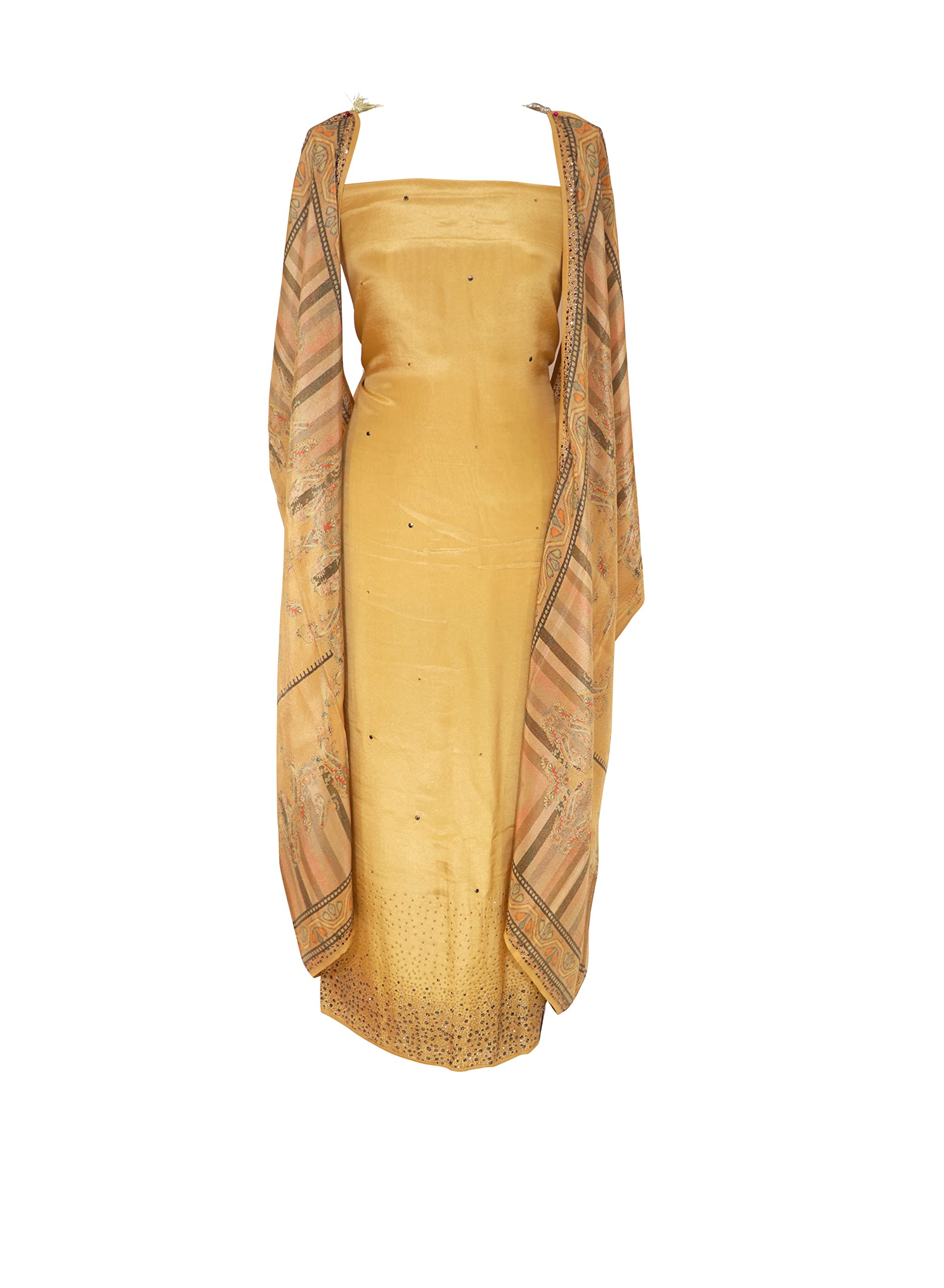 GenericBawree Bridal Gold Statin Silk Unstitched Embroidered Top And Bottom With Printed Duppatta