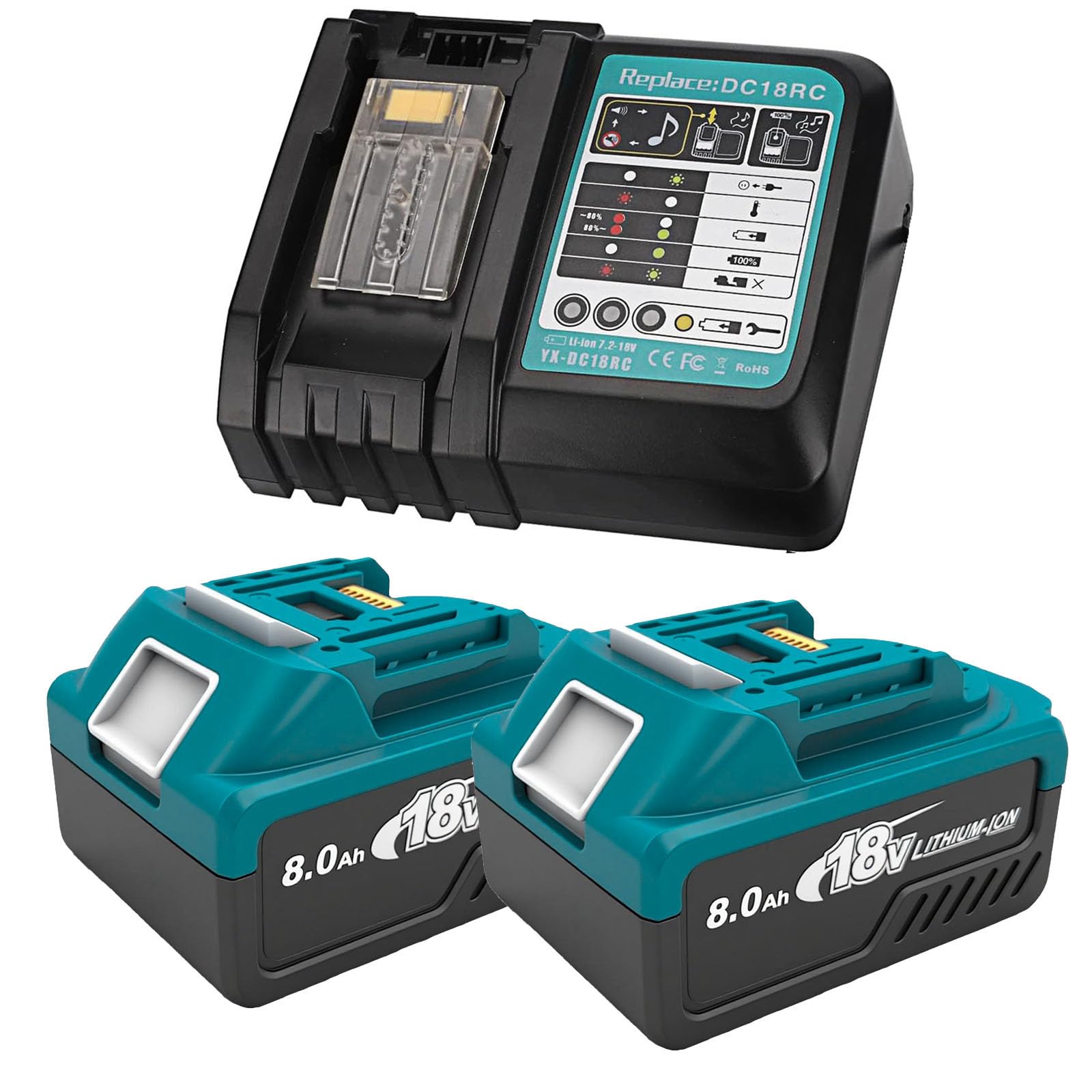 2 Pack 8.0AH Battery, 18V li-ion Battery (8000mAH) & Charger,Replacement for Makita Battery BL1860 BL1850 BL1840 BL1830 BL1860B BL1850B BL1840B BL1830B Batteries DC18RC Charger โ image 1