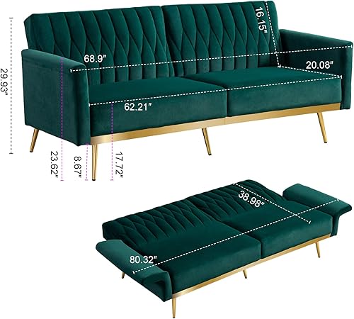 Miniatura 7 de Sofá cama futón convertible con patas doradas, sofá de terciopelo copetudo de 70 pulgadas con reposabrazos y respaldo ajustables, sofá cama para