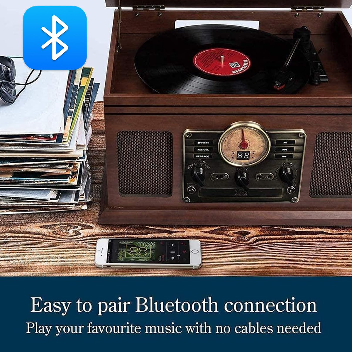 Vintage Giradischi Bluetooth Retro Stereo System con Dual Speakers, USB, AUX, FM/AM Radio, Classic Music CD Player per Audiofili