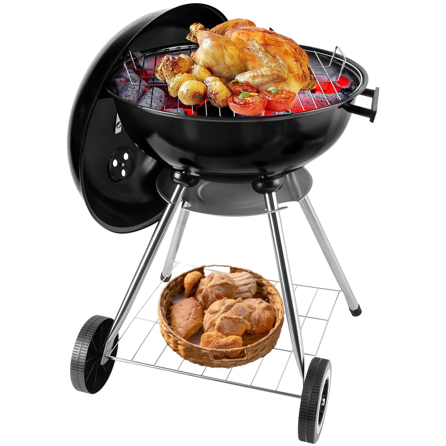 Charcoal Grill: Kettle Charcoal grill with handle, suitable for backyard, outdoor, Lost anafre leg
