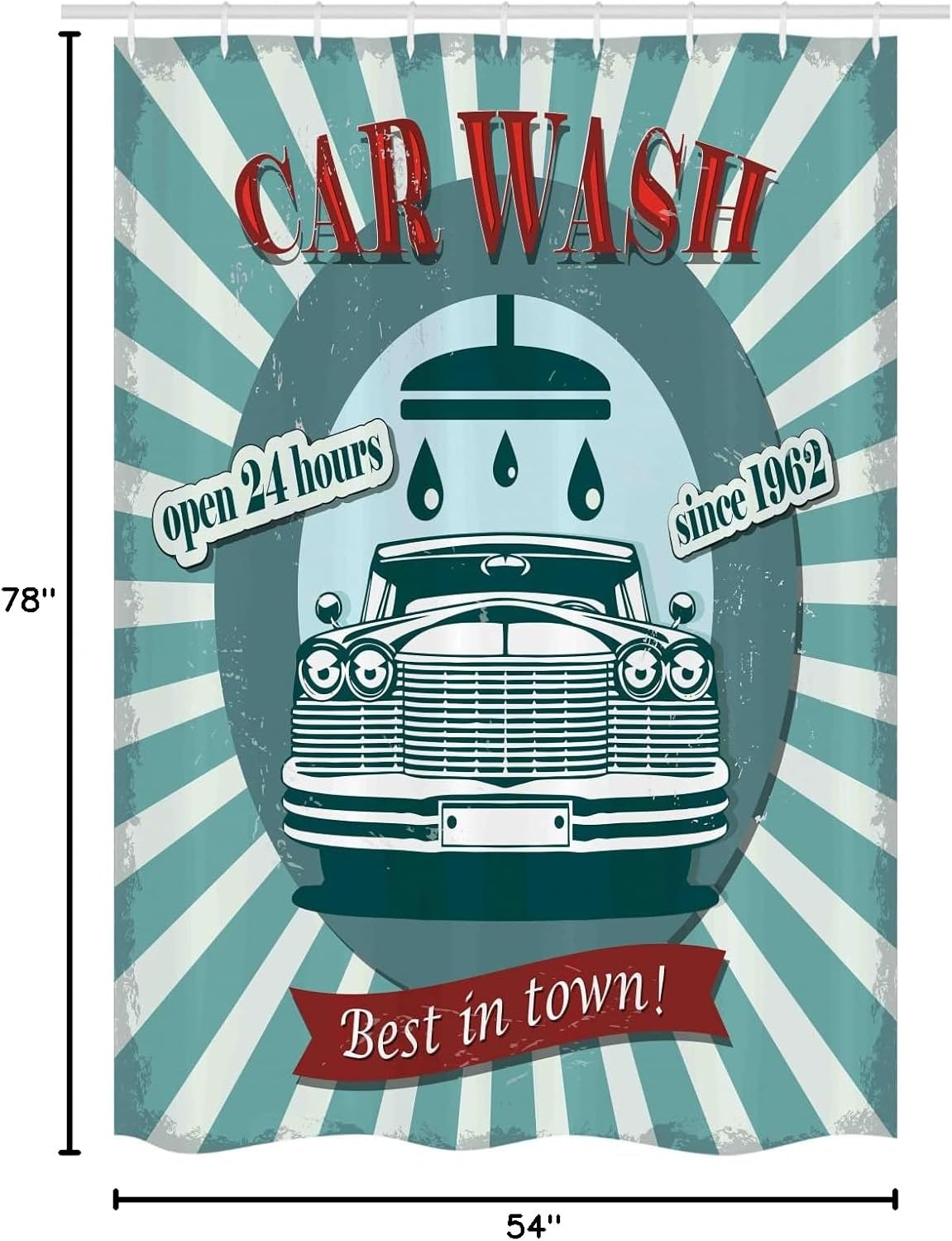 Ambesonne Retro Stall Shower Curtain, Vintage Graphic Design for a Car Wash Sign Commercial Aged Classic Vintage Arsty, Fabric Bathroom Decor Set with Hooks, 54" W x 78" L, Red Teal