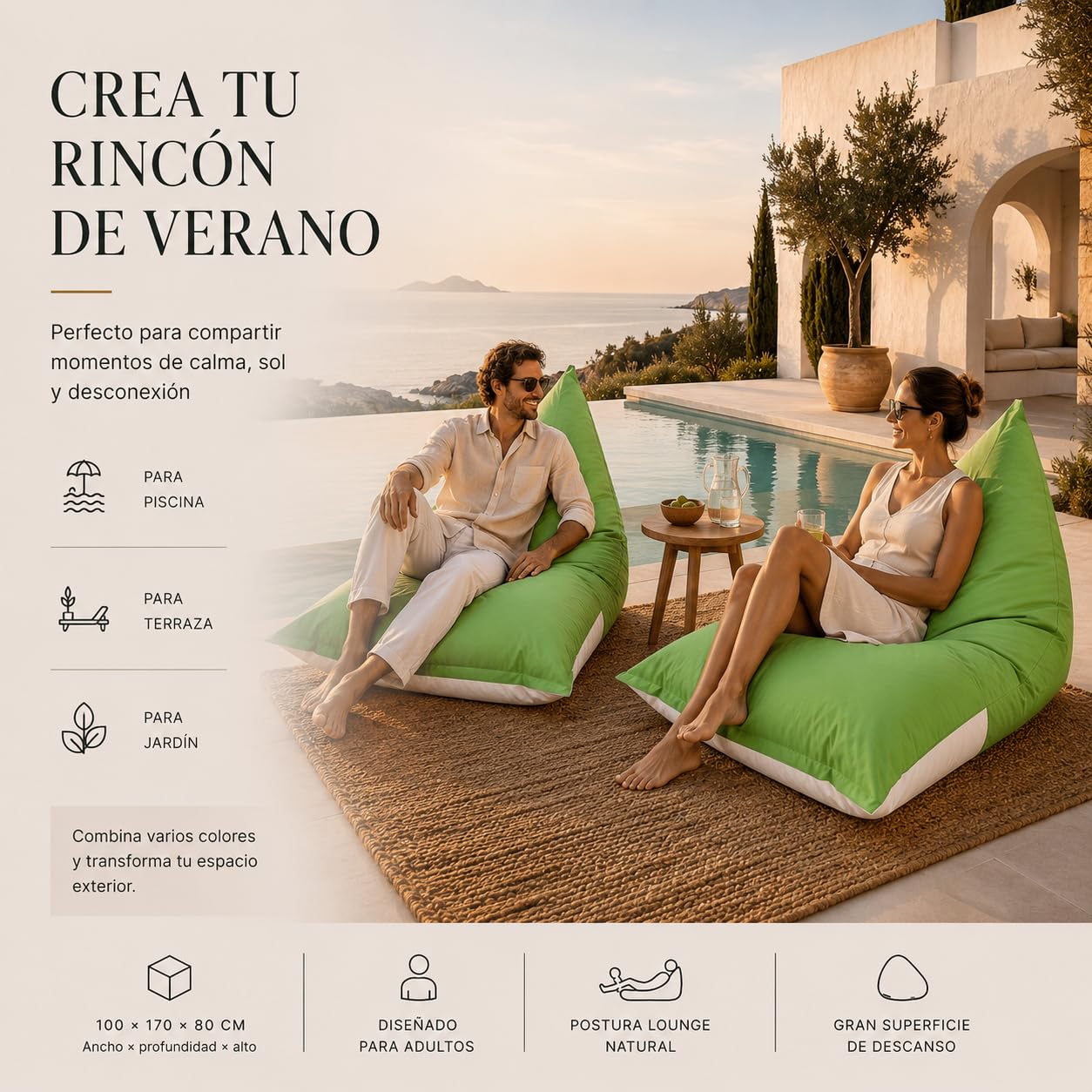 Aiire Puff Exterior Jardín XXL - Sillón Puf con Relleno Incluido para Piscina, Terraza o Porche - Funda Resistente, Desenfundable y Lavable - Tumbona Exterior Puff Gigante XXL