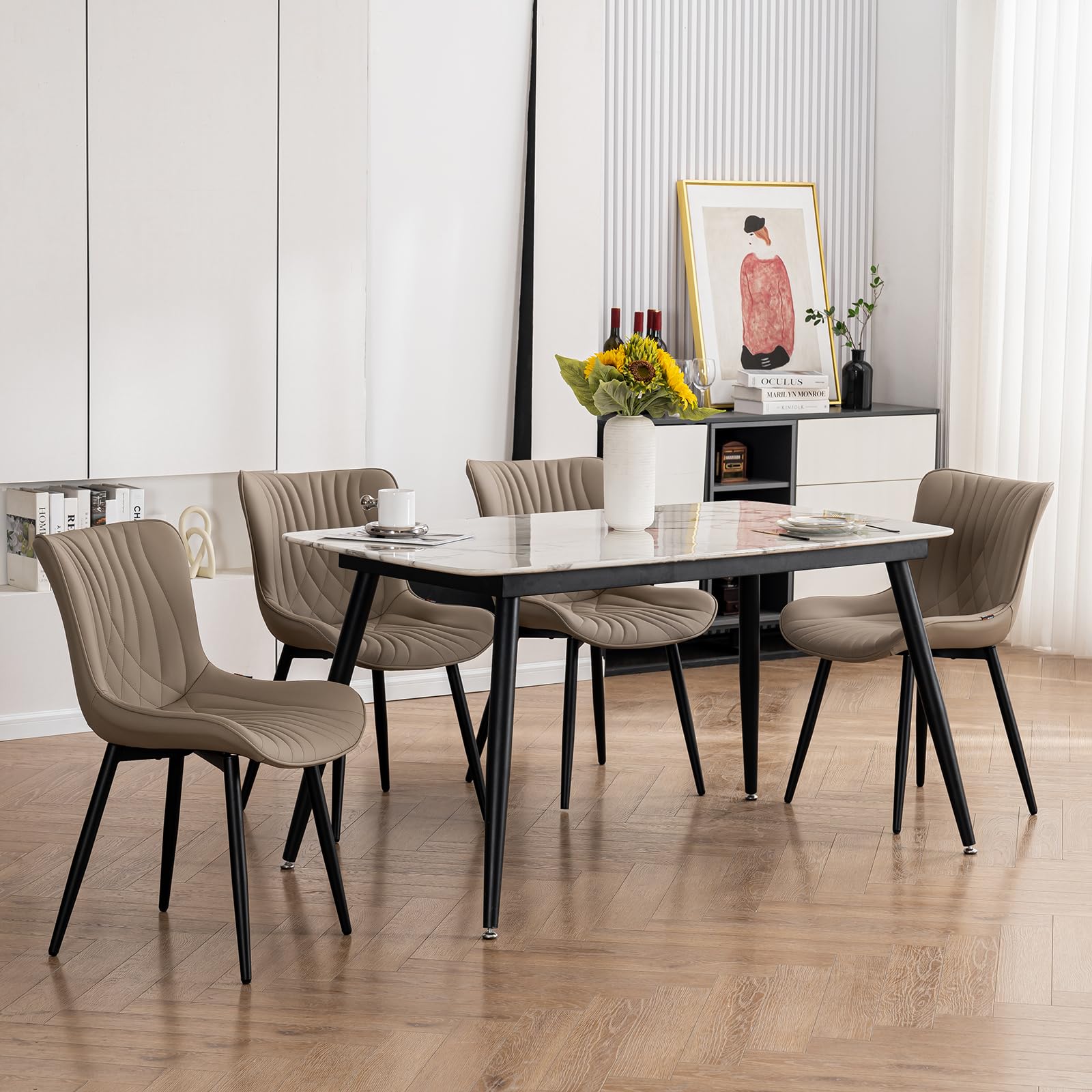 YOUTASTE Esszimmerstühle 2er Set, Kunstleder & Lehne, Küchenstühle Khaki | Bequemer Polsterstuhl mit Metallbeine, Fischschwanz-Design, Essstühle für Esszimmer, Küche, Wohnzimmer