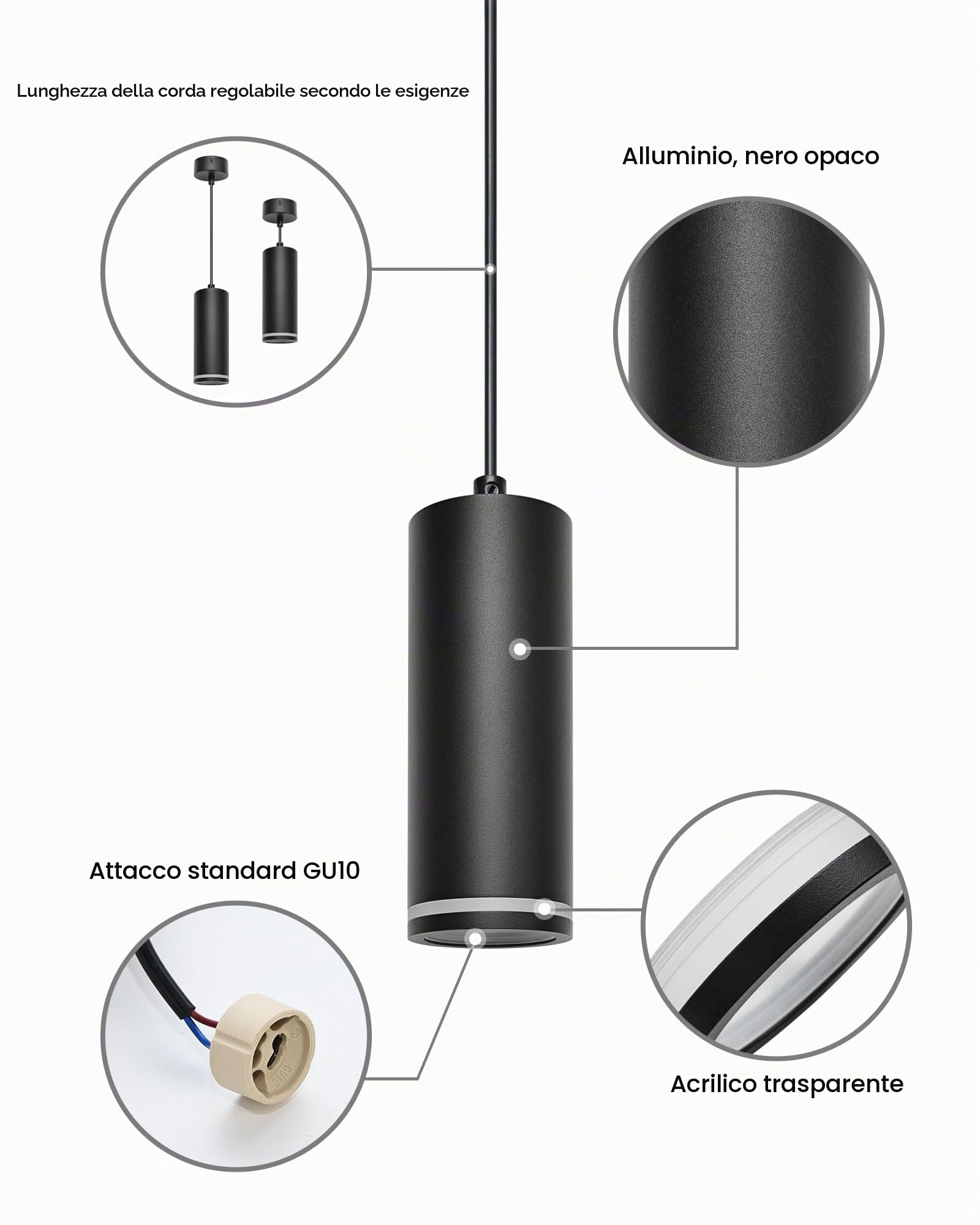 Lampadario a Sospensione Moderno 15cm, Lampada a Sospensione con Portalampada GU10, Lampadario Cilindrico Nero, Lampadari Regolabile in Altezza per Soggiorno, Camera da letto, Cucina, 2 Pezzi