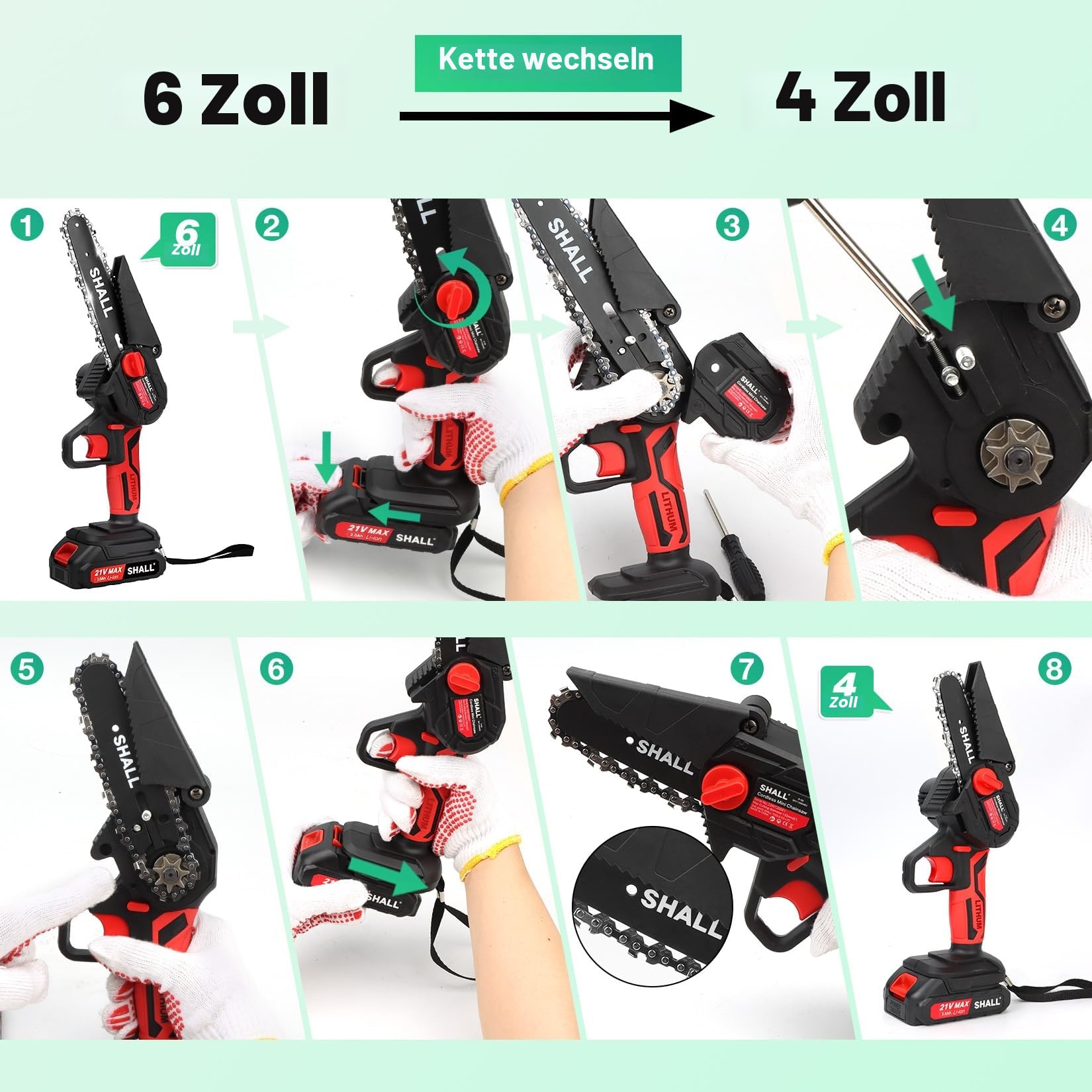 SHALL Tragbare Mini-Kettensäge, Bürstenlosen Motor 21 Volt, 2 Schnelllade-Akkus, 4 Ketten, Äste schneiden, Gartenarbeit, beste Wahl für Ehemann, Vater, Holz-Heimwerker-Liebhaber