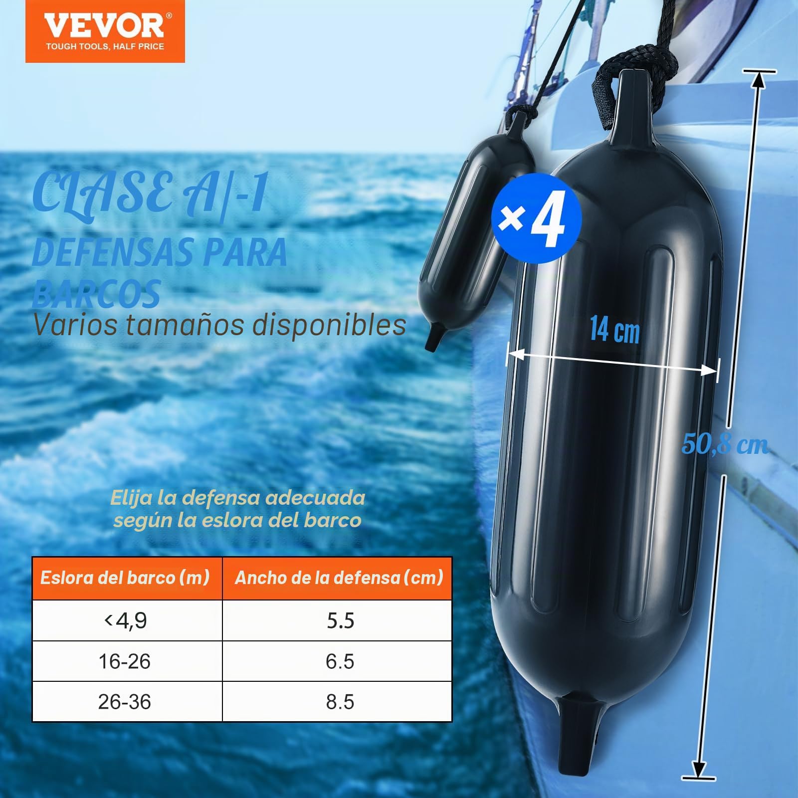 VEVOR 4 PCS Guardabarros Inflables de PVC para barcos 14x50,8 cm con Bomba Agujas de Aire, Cuerdas y Bolsa de Almacenamiento de Parachoques para Proteger Canoas, Pontones, Muelles para Barcos de Pesca