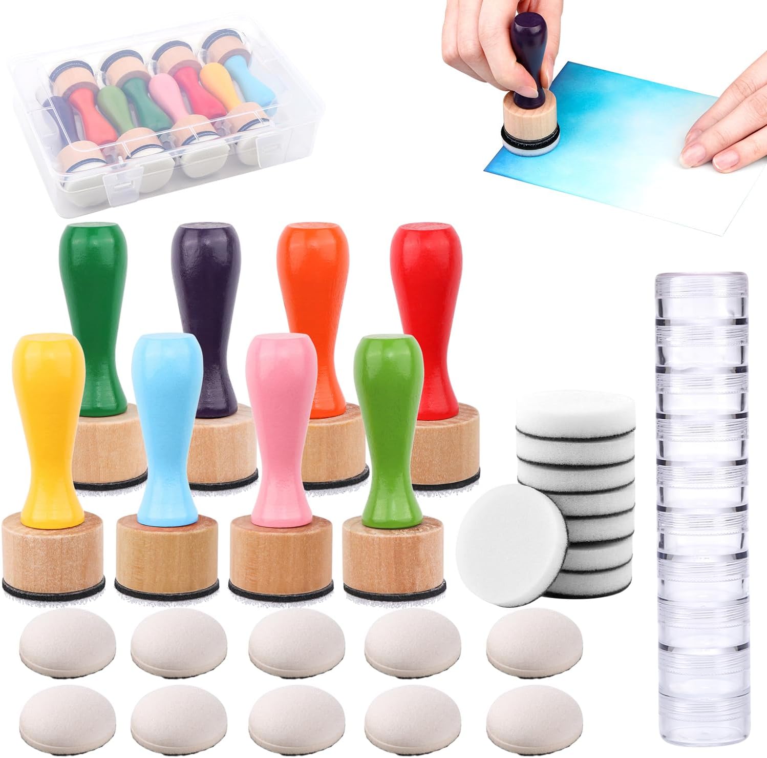 OTCRAFT 28Pcs/Set Mini Ink Blending Tool,with Foams Replacement Refill Foam Storage Box Tool for Foams Scrapbooking Painting Drawing Art Supplies Handle Ink Tools Embossing Stencils (8 Colors Handle)