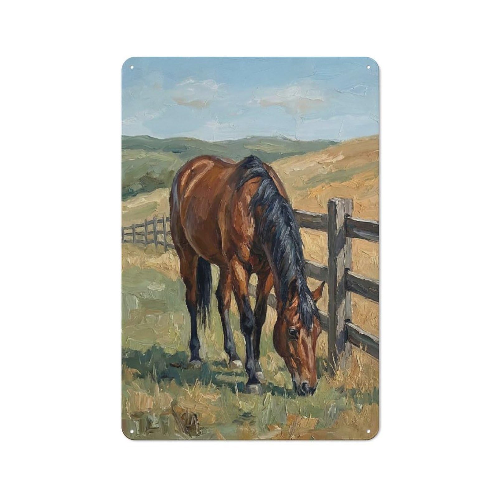 Junmoney Style-8 Tin Wall Plaque 30X20cm With Brown Horse Grazing By A Fence For Bar Or Restaurant, For Hospitality Decor Collectors
