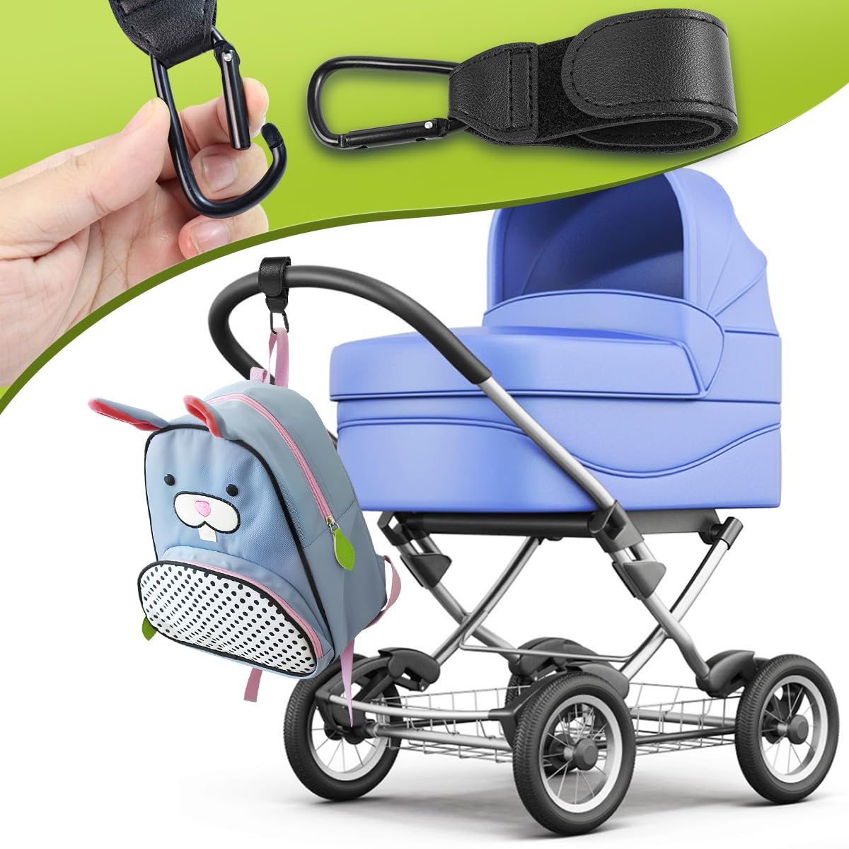 4 PCS Stroller Hook, Baby Stroller Hooks, Universal Stroller Clips and Hooks, Adjustable Stroller Carabiner Clip for Diaper Bags | The Perfect Mummy Hook for Pram, Shopping and Pet Carts(Black)