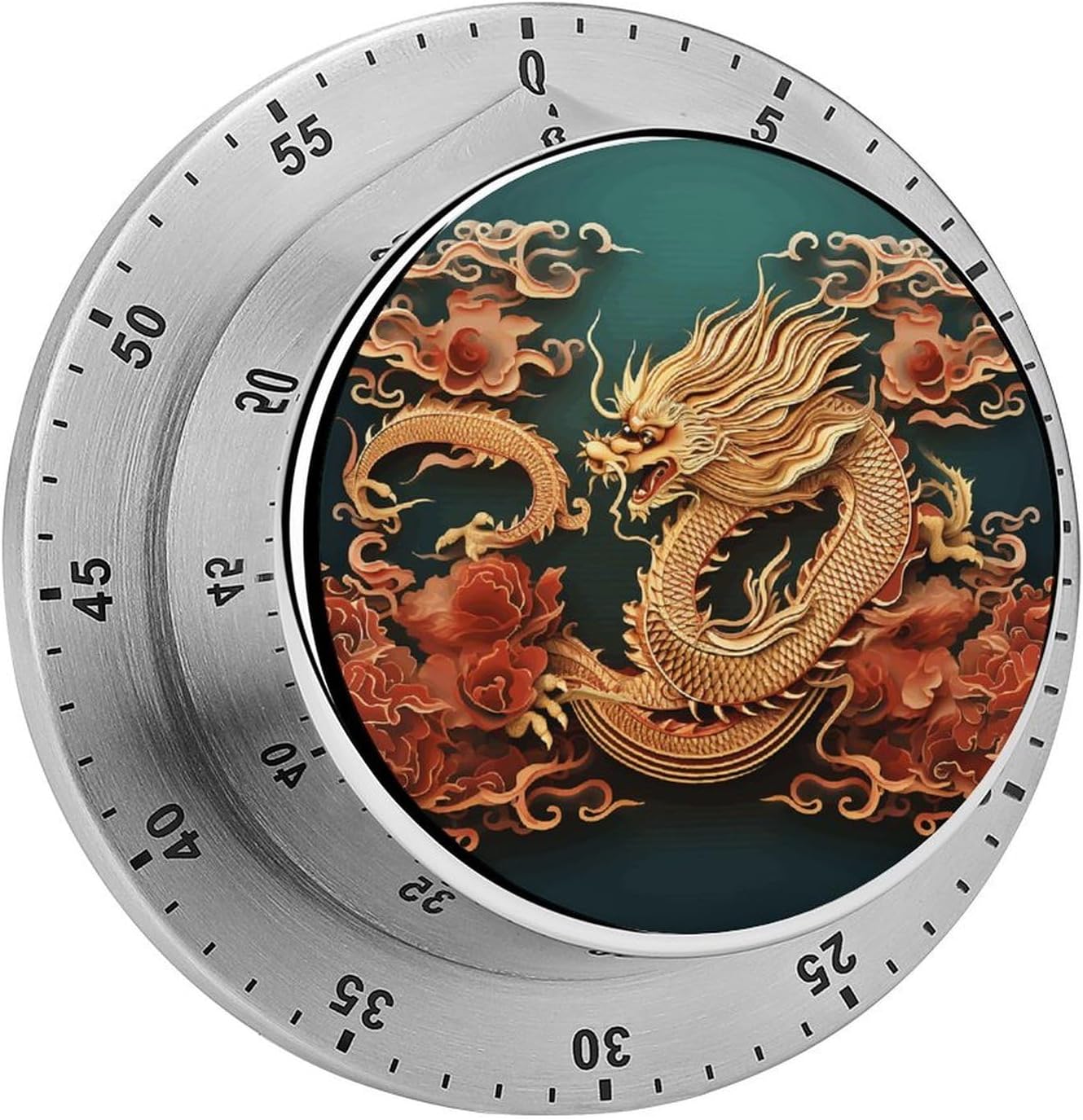Dragon Chinese Background Kitchen Timer Chef Cooking Timers Clock with Loud Alarm Exquisite Stainless Steel Mechanical Desk Timers Magnetic Backing 60 Minute Visual Timer for Work