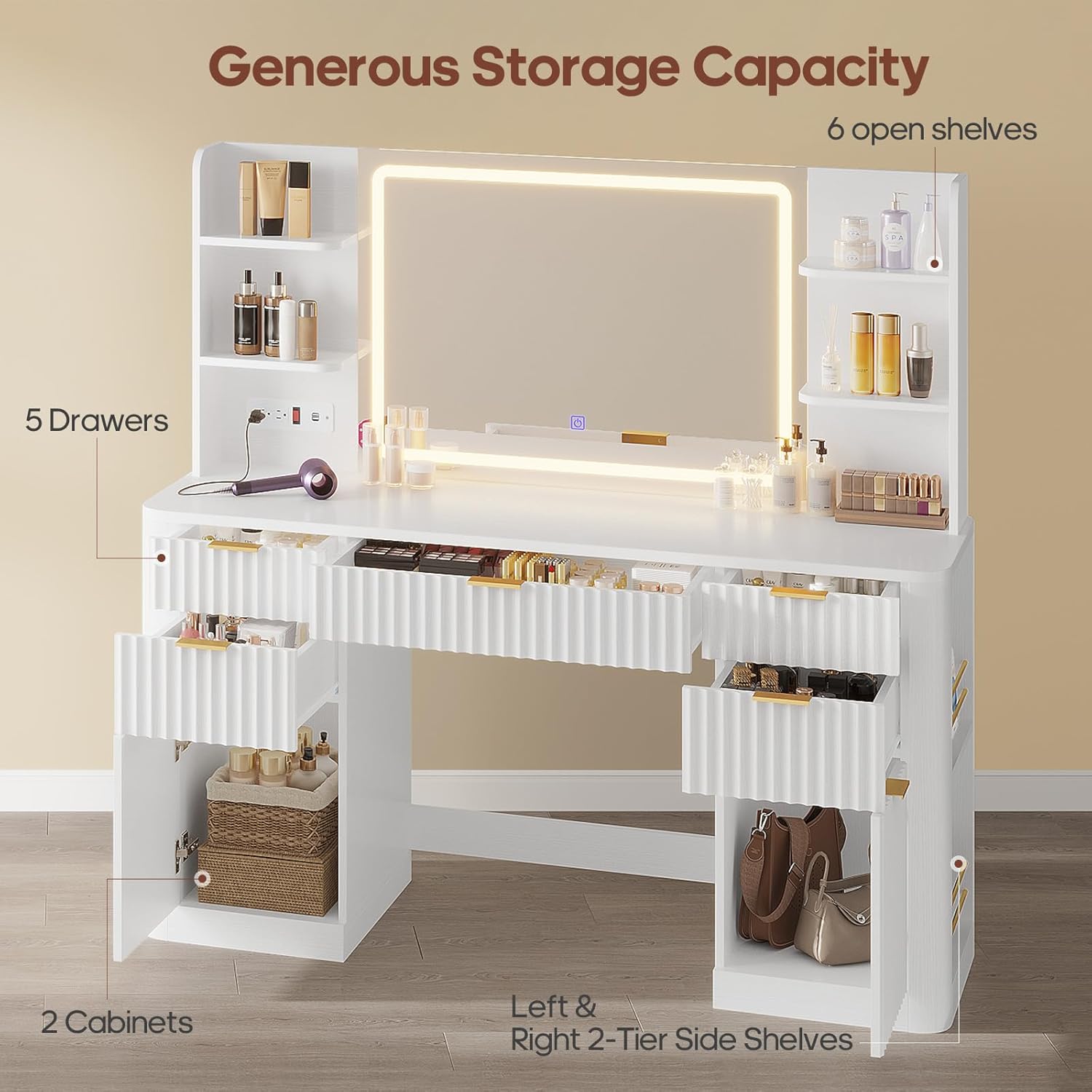 HAUOMS 51.2" Fluted Makeup Vanity Desk with Large 30.3" Mirror and Lights, 5 Drawer Vanity with Power Strip, 6 Open Shelves, 2 Cabinet，Modern Dressing Table with Solid Wood Legs for Bedroom, White