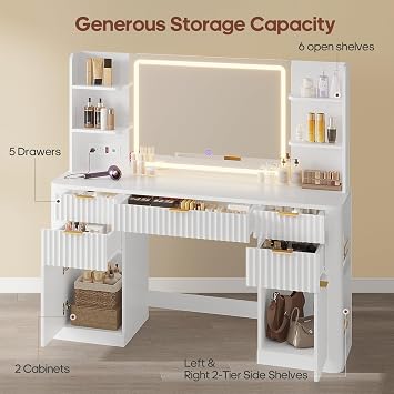 HAUOMS 51.2 Fluted Makeup Vanity Desk with Large Mirror and Lights, White