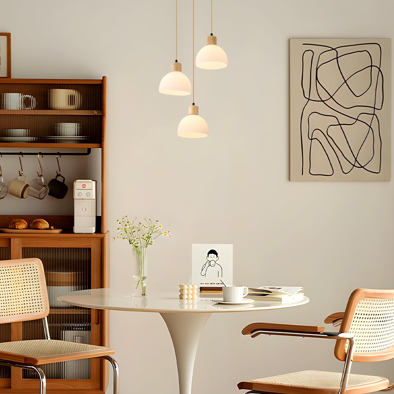 Lampara Colgante Techo Para Cocina,Madera Y Vidrio Blanco Lampara Techo 3 Luces E27 Altura Ajustable Decoracion Lamparas Para Comedor Salon Dormitorio
