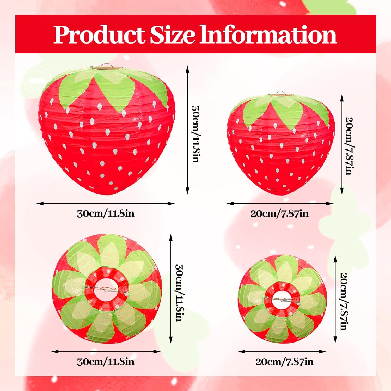 3 Pcs Strawberry Paper Lanterns 8" & 12" Red Large Strawberry Lantern Party Decorations Hanging Strawberrys Decor for Room, Birthday Party Baby Shower Wedding Garden