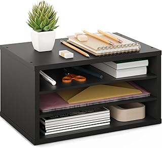 Ballucci Paper Organizer, 3-Tier Stackable Wood Desk Organizer, Document File Organizer and Mail Sorter with Adjustable Storage Shelves, Black
