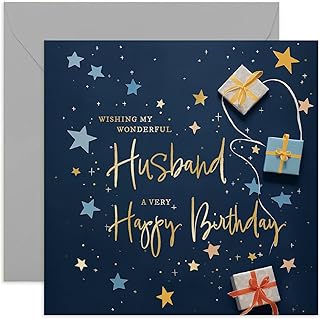Old English Co. Husband Birthday Card for Him - Navy Blue Male Birthday Card for Family - Stars Wrapped Gifts Presents Card Design - Modern Birthday Card | Blank Inside