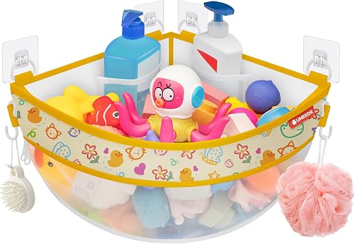 UNEEDE 4.32 Gallons Duck Print Corner Mounted Bath Toy Storage Holder, Yellow Mesh Shower Caddy for Bathtub Organizer, Quick Dry Holder