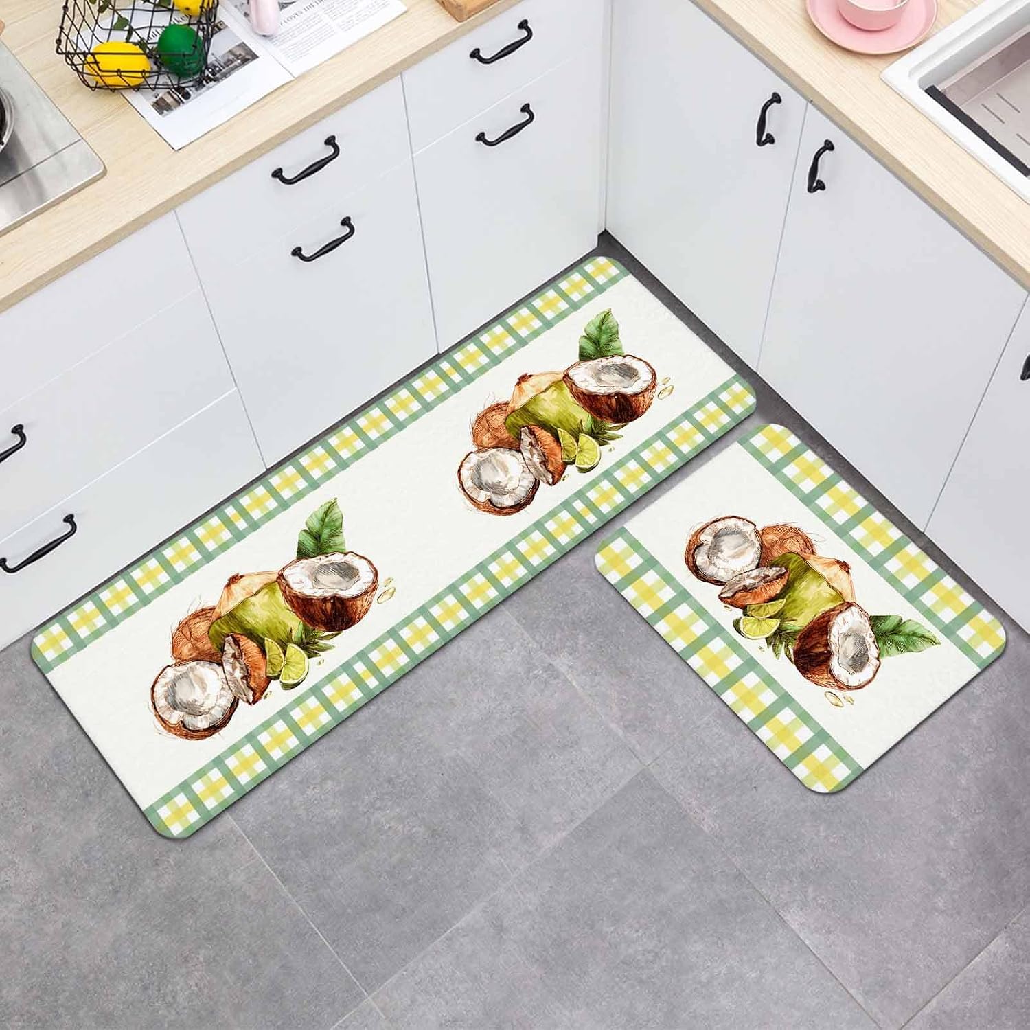 Prime Leader Summer Pastoral Kitchen Mat Set 2 Pieces Tropical Coconut Lemon Yellow Green Plaid Non Slip Kitchen Rugs Washable Runner Rug Mats for Sink Laundry (19.7" x 31.5"+19.7" x 63")