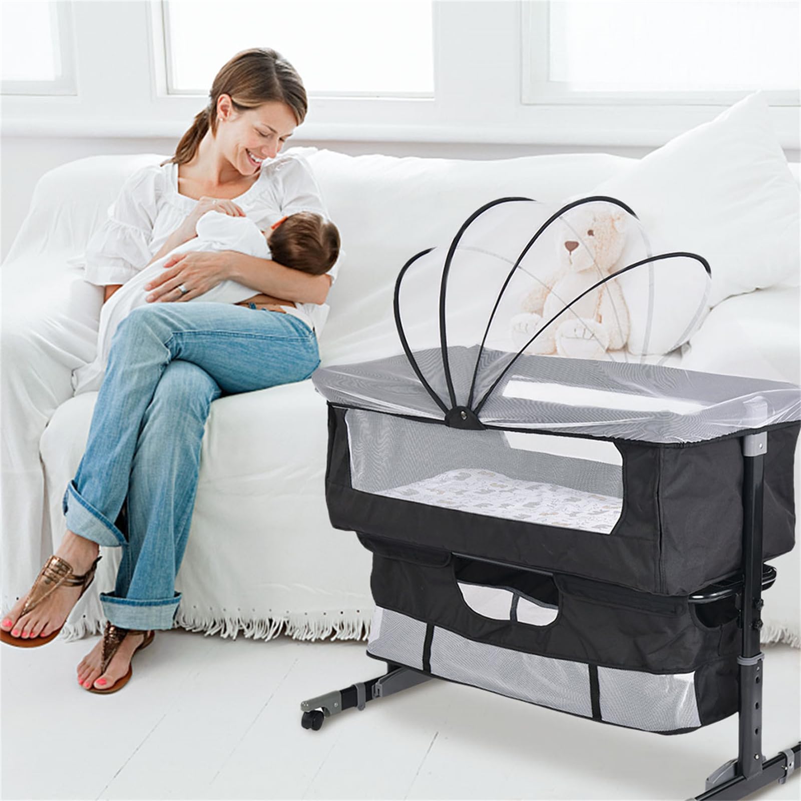 homewell Cododo Bebe 3 in 1 Letto Culla per Neonati, Letto Portatile con Borsa Portaoggetti, Ruote E Zanzariera