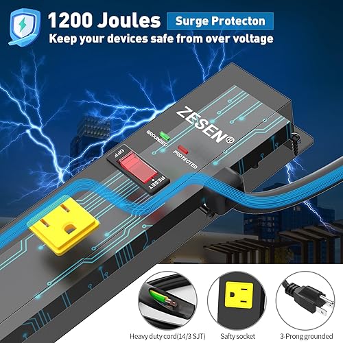 Miniatura 4 de Regleta de alimentación larga de 12 salidas con cable de alimentación de 6 pies, resistente industrial para banco de trabajo, taller de garaje,