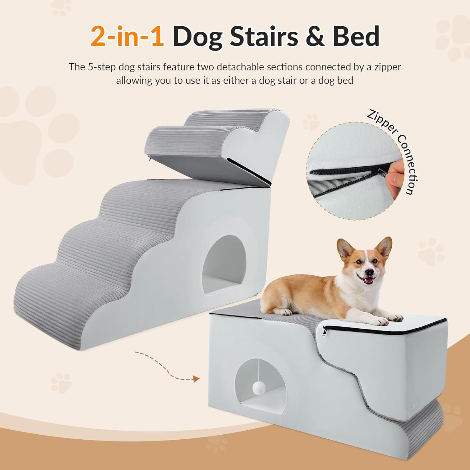 Dog Stairs for High Beds Up to 30" H with Tunnel,Extra Height 27.5" 5-Step Pet Steps for Small Dogs and Cats, Non-Slip Sturdy Dog Ramp with Anti-Tip Safety Strap and Removable Cover