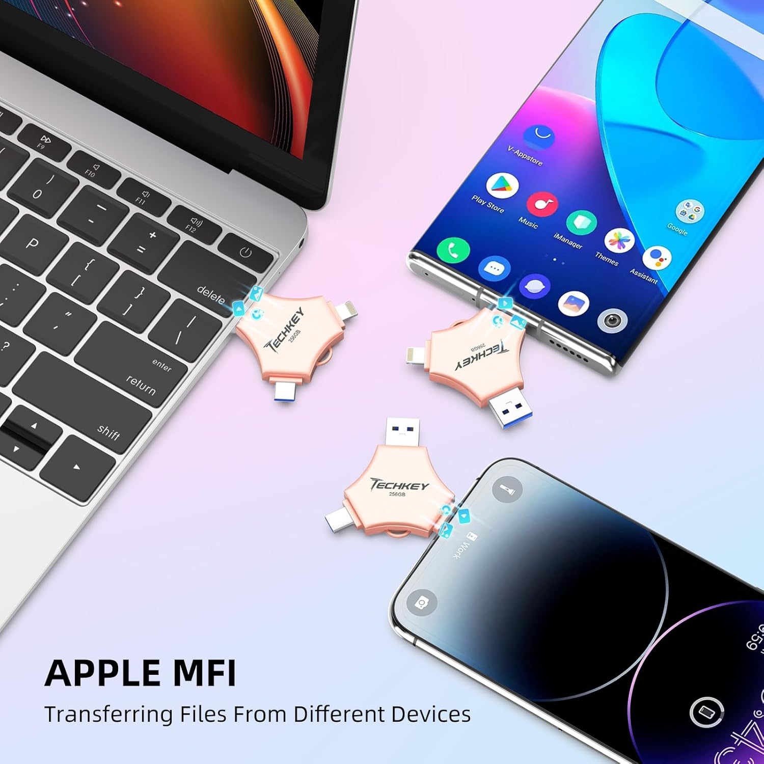 Techkey flash drive connected to various Apple devices, highlighting MFi certification