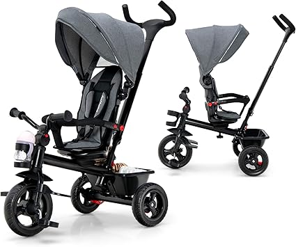 BABY JOY Tricycle, 5 in 1 Toddler Bike W/Removable Push Handle, Reversible Seat, EVA Wheel, Adjustable Canopy, Cup Holder & Storage, Ideal for Kids 1.5-5 Years Old, Tricycle for Toddler Grey
