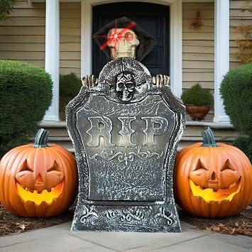 Lighted Halloween Tombstone Decoration, Animated Skull Decorations with Sensor Activation, Creepy Haunted Horror Prop, Spooky Sound Gravestone Decorations for Halloween Yards Indoor Outdoor