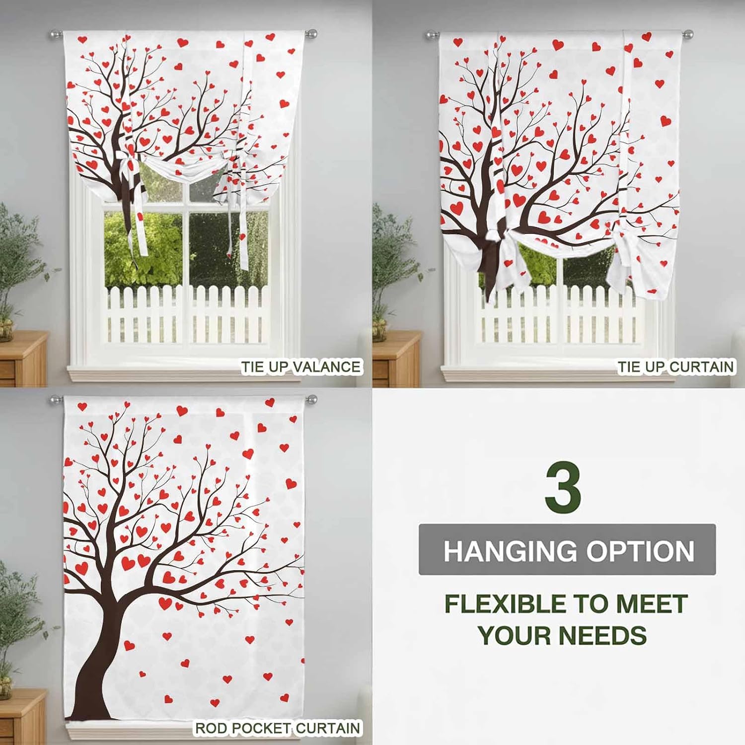 Love Tree Tie Up Curtains for Window, Valentine's Day Red Heart Modern Minimalist Thermal Insulated Balloon Shade Adjustable Rod Pocket Curtains Valance Panels for Kitchen Bathroom Café 42'' x 45''