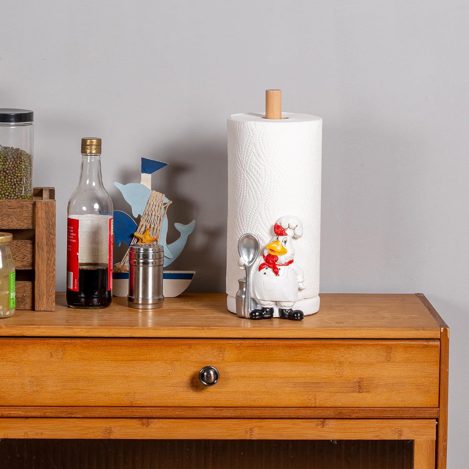 Farmhouse Rooster Chef Countertop Paper Towel Holder Stand with Decoration,Hand-Carved Wood Style for Kitchen Bathroom,Weighted Base for One-Handed Operation,Vintage White