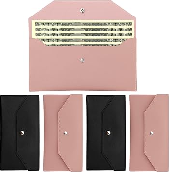 4-Pack PU Leather Cash Envelopes 8x4.1 Inch - Waterproof Money Envelopes with Hook & Loop Closure - Budget Wallet for Cash, Receipts, Coupons 2 Black & 2 Pink