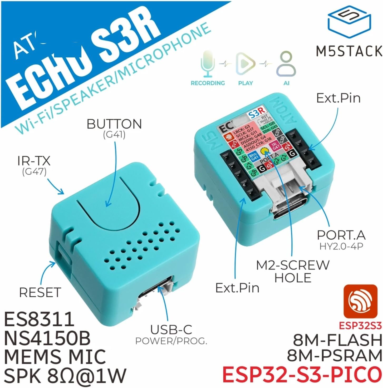 HLNUZD M5Stack Echo S3R Programmable IoT Voice Interaction Controller Speaker Development Board for Home Assistant Voice Control