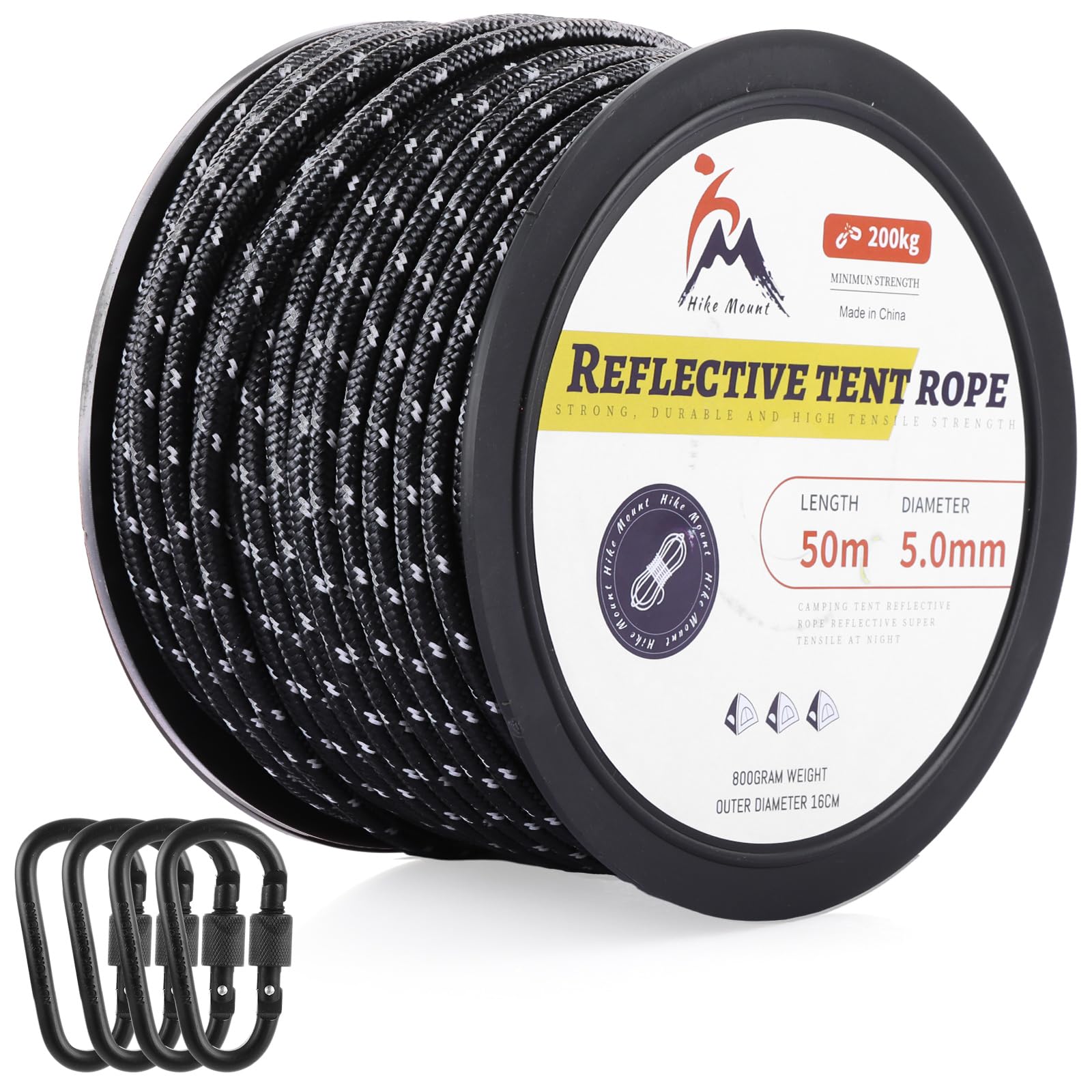 AKOLAFE 330LB Paracord 5mm Black Paracord Nylon Rope 50M Reflective Parachute Cord 5mm Tactical Nylon Cord 550 with 4 D Shape Buckles for DIY, Crafting, Camping, Survival, Outdoor