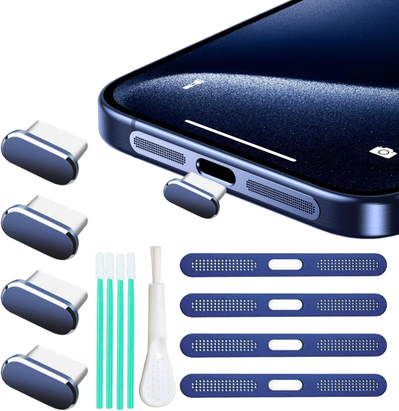 Confezione da 4 tappi antipolvere USB C, copertura per porta di ricarica di tipo C con copertura antipolvere per altoparlante, accessori per telefono per iPhone 17 Pro Max (blu scuro) (17 Max)