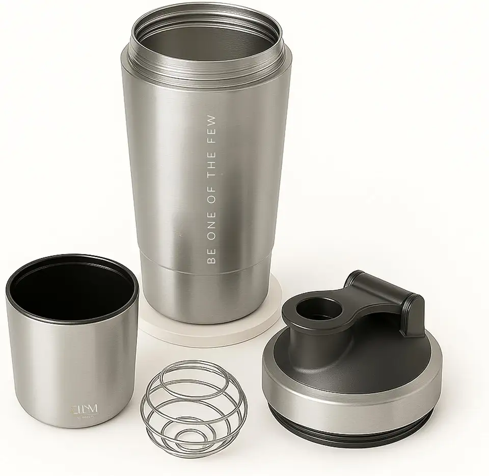 Coqueteleira Aço Inox 600ml com Compartimento Inferior ELLYM NUTRITION Misturador Ideal Shakes (Prata)
