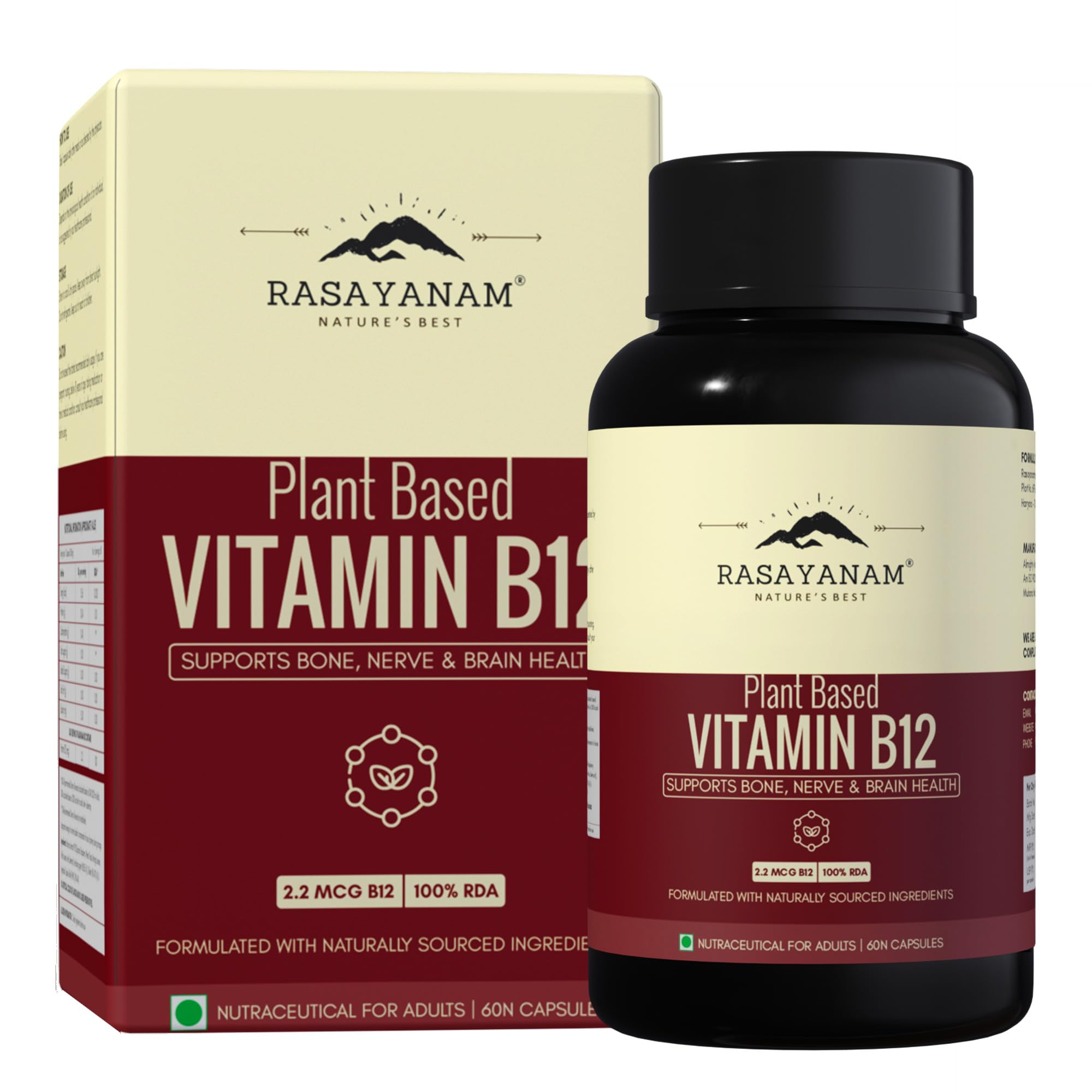 Rasayanam Plant Based Vitamin B12 supplement for Men & Women (120 Capsules) | Organic Formulation for Vegetarians & Vegans to support Nervous System & Brain Function