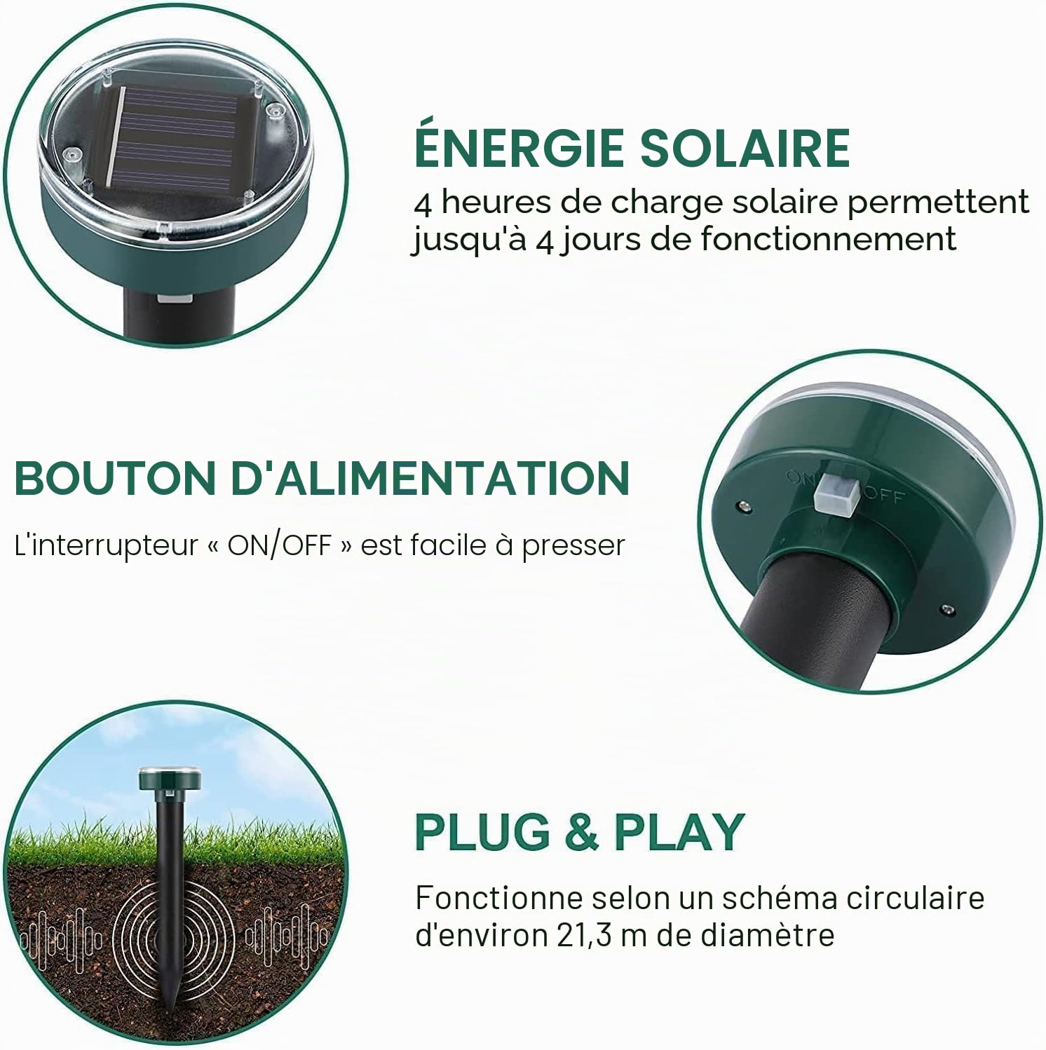 Lot de 4 répulsifs solaires à ultrasons pour Taupes et Taupes - Étanches - Répulsif pour Animaux - Marmotte - Serpent - pour pelouse et Jardin