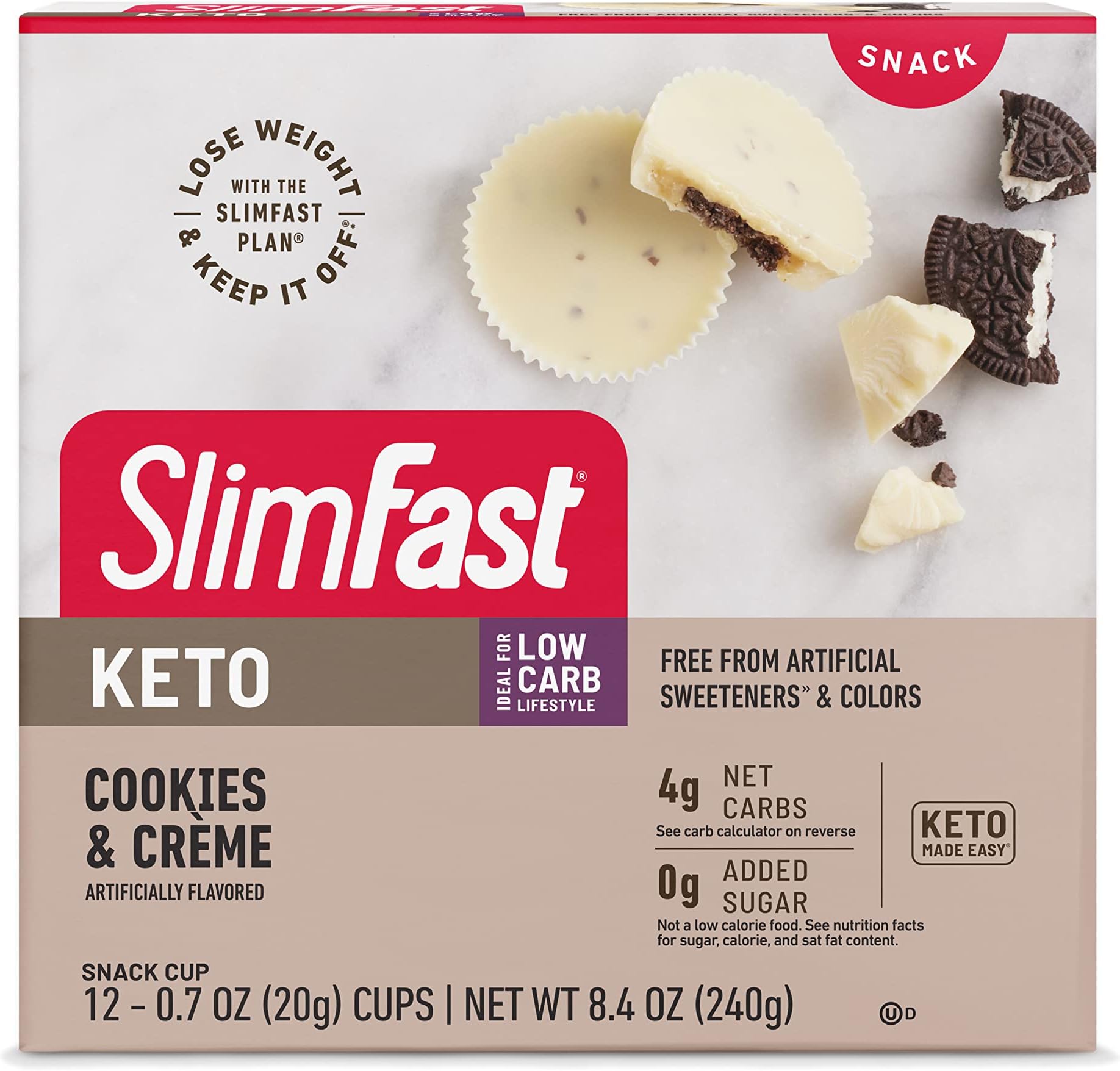 SlimFast Low Carb Chocolate Snacks, Keto Friendly for Weight Loss with 0g Added Sugar & 4g Fiber, Cookies & Crème, 12 Count (Packaging May Vary)