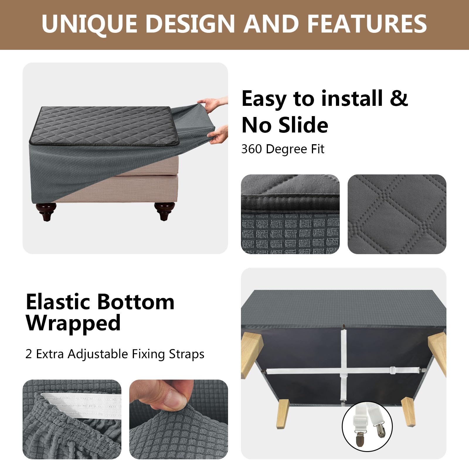 Funda Puff Rectangular XL Ajustable, Impermeable Cubierta Reposapies Sofa Acolchado Jacquard Funda Otomana Lavable Protector para Taburete Antiarañazos Gatos Gris