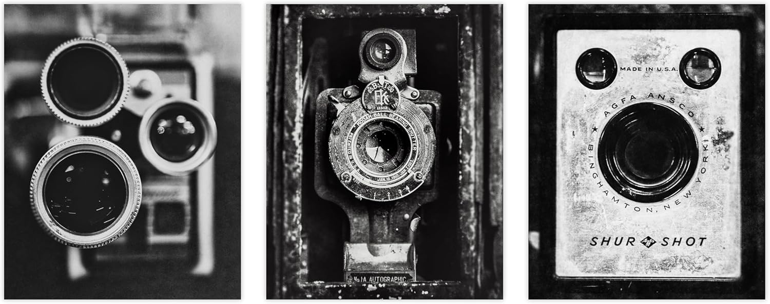 Lisa Russo Fine Art - Black and White Vintage Camera Prints for Rustic Industrial Wall Decor - Set of 3 8x10” Unframed Fine Art Photos - Office Wall Art, Photographer Gift, Gift for Him