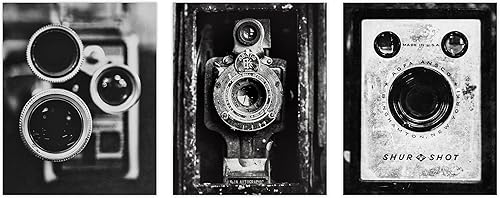 Lisa Russo Fine Art - Impresiones de cámara vintage en blanco y negro para decoración de pared industrial rústica - Juego de 3 fotos artísticas